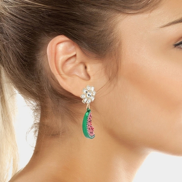 🍉🔹️Betsey Johnson🔹️ Backyard Watermelon Rhinestone Pink Drop Earrings - Picture 2 of 5